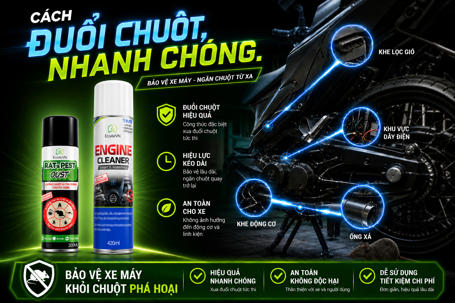 làm gì khi chuột chui vào xe máy, engine cleaner, rat & pest oust