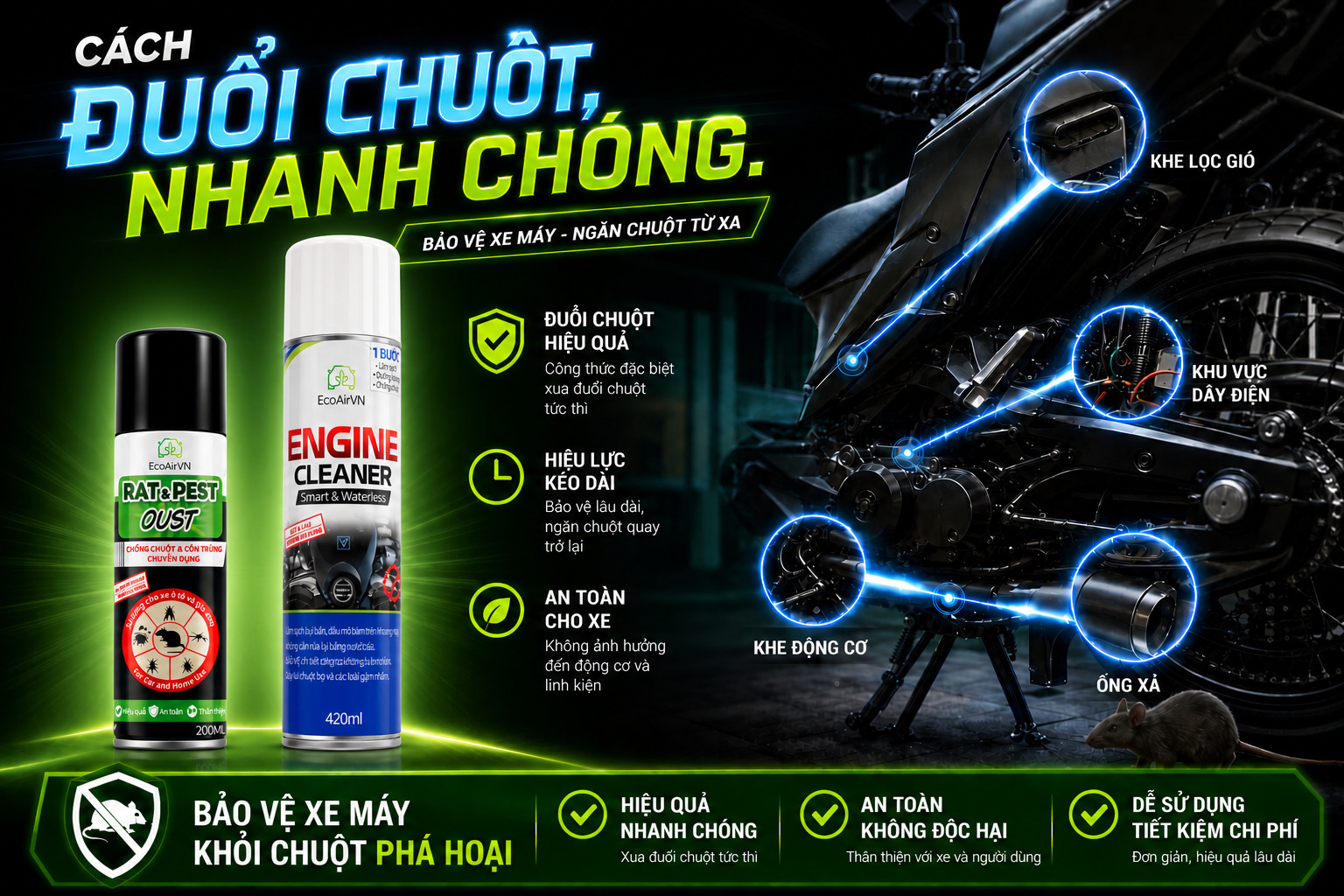 làm gì khi chuột chui vào xe máy, engine cleaner, rat & pest oust