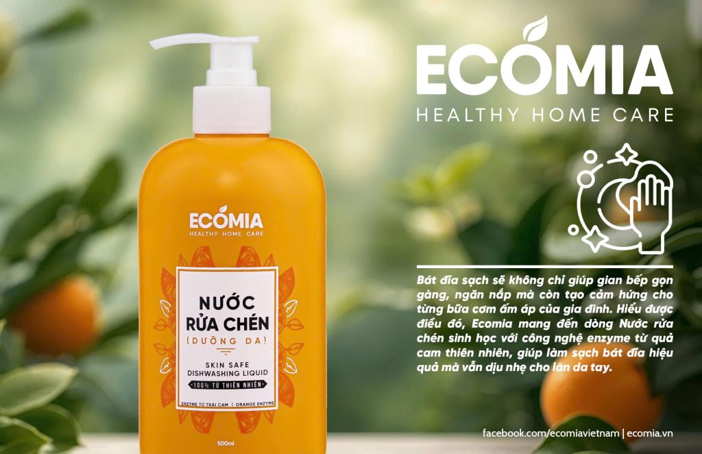 nước rửa chén enzyme cam Ecomia làm sạch dầu mỡ