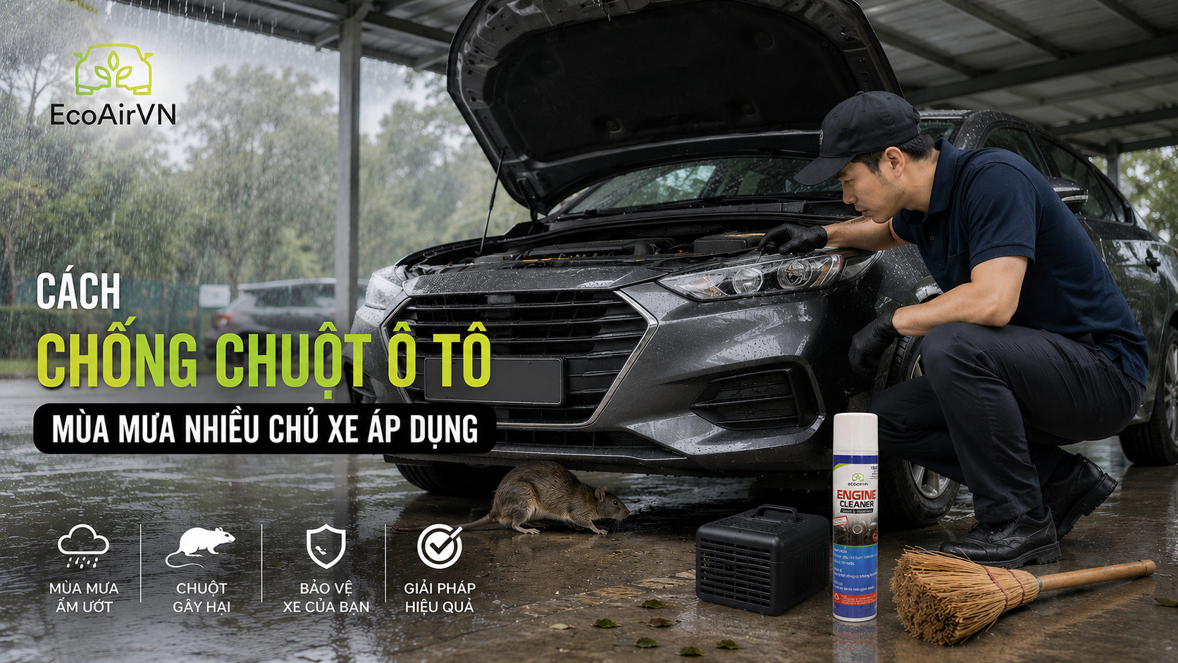 cách chống chuột ô tô mùa mưa, engine cleaner